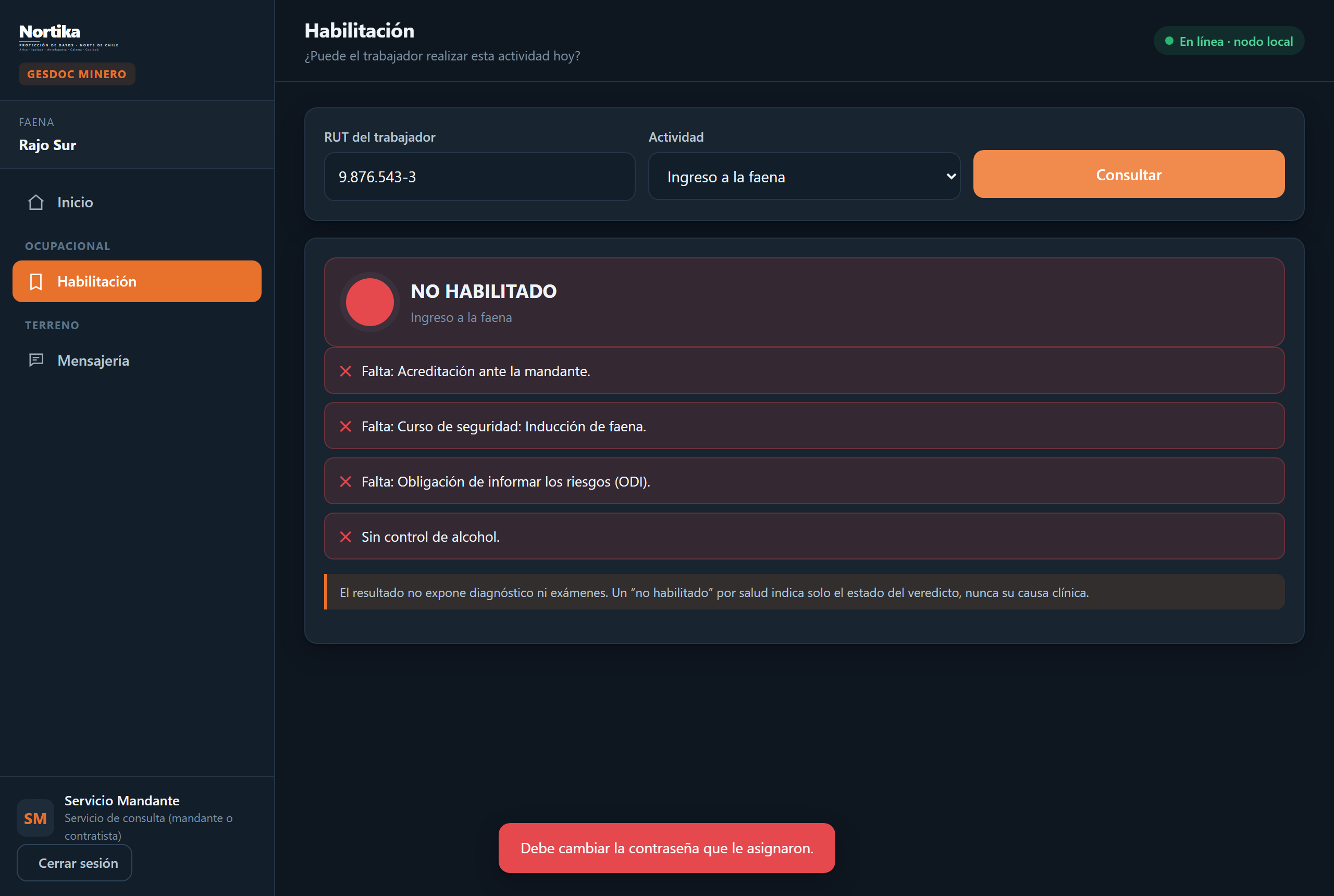 Pantalla de habilitaci&oacute;n de GesDoc Faena: la empresa mandante consulta si el trabajador puede realizar la actividad y recibe el estado con lo que falta, sin dato cl&iacute;nico